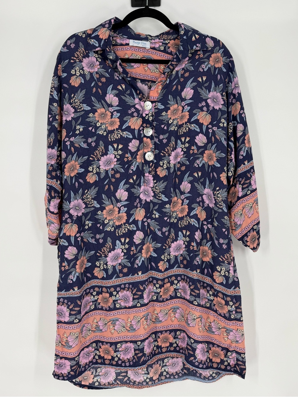 Nuage Bleu Maui Floral Tunic Dress Large Boho Hawaiian Beach Vacation Pocket